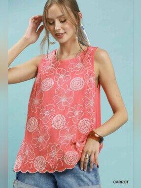 Umgee Floral Embroidered Sleeveless Top- New Arrival !! Fast Shipping!!
